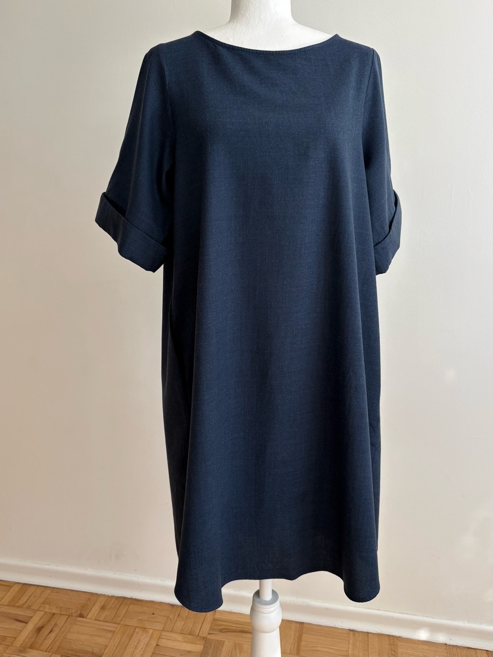 COS Wool Midi Shift Dress with Short Sleeves, Dark Blue US 8